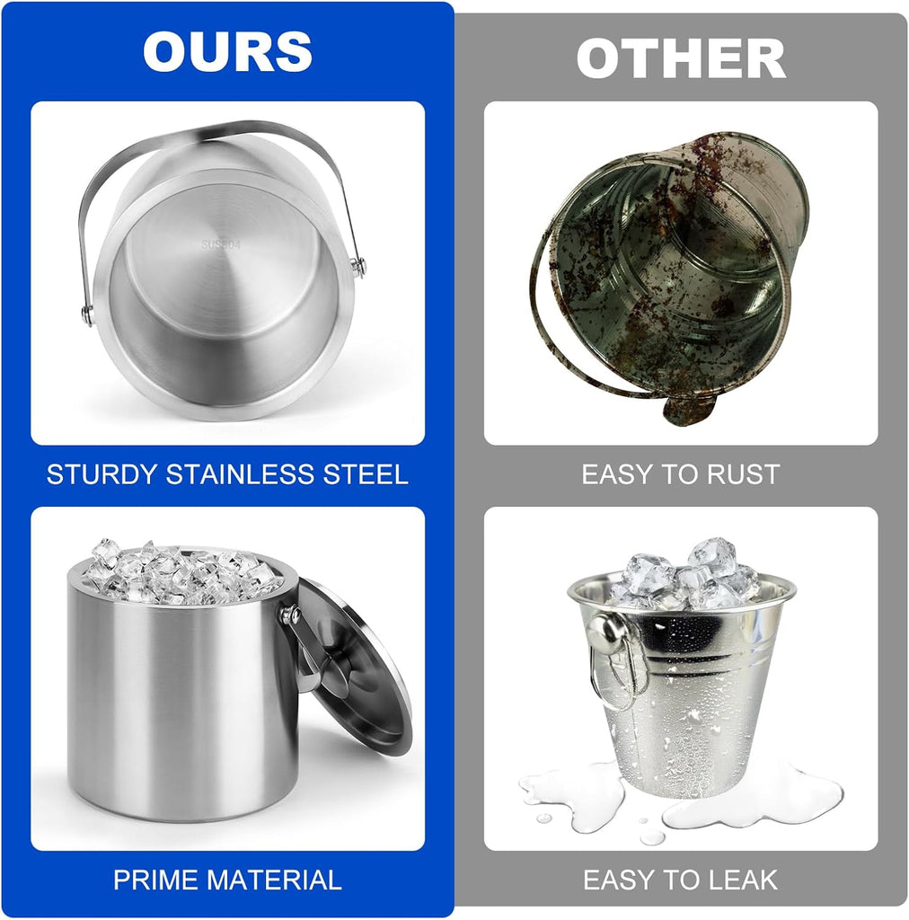 Ice Bucket, 3L Double Wall Insulated Ice Bucket with Lid,Scoop,Tongs- Inner Layer 304 Stainless Steel Ice Container