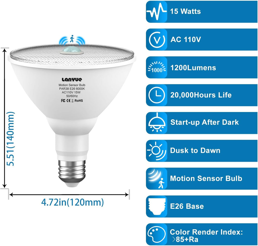Motion Sensor Light Bulbs, Dusk to Dawn Outdoor Lighting, PAR38 Led Motion Sensor Flood Light 100 Watt