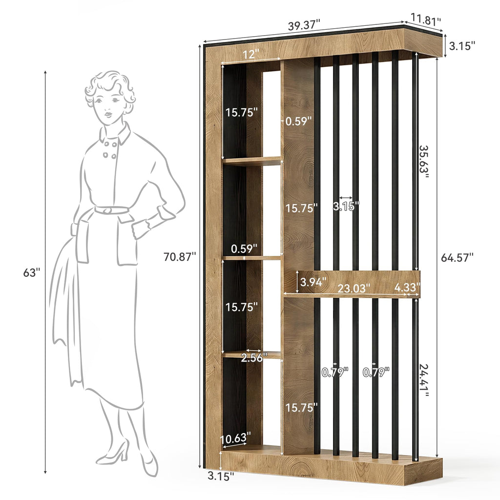 Wall Room Divider with Shelves, 71" Freestanding Wood Partition