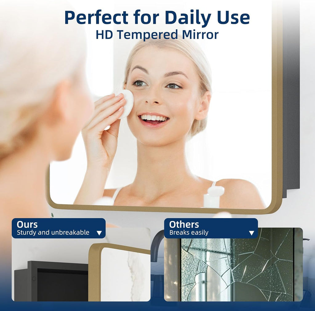Medicine Cabinet 20 x 28 Inch, Brush Gold Bathroom Medicine Cabinet with Mirror,Metal Beveled Mirror, Adjustable