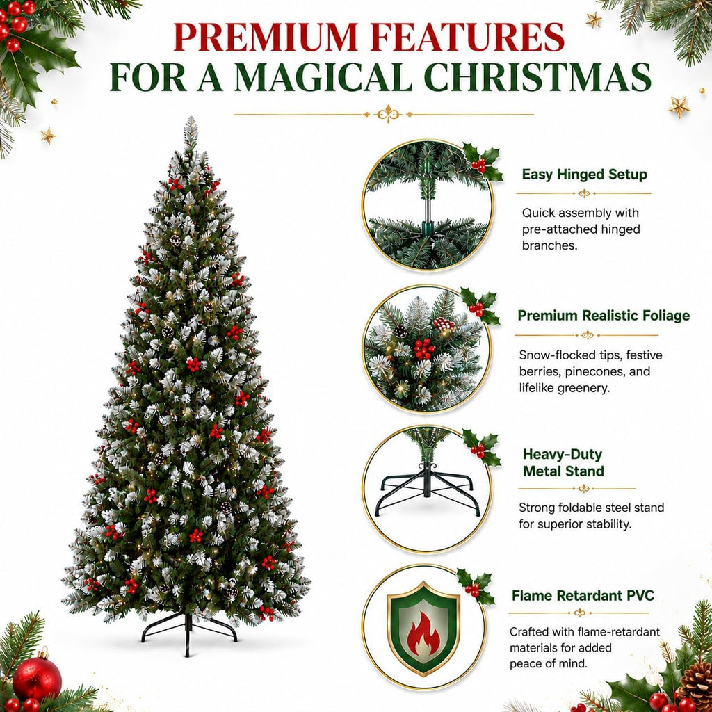 7FT Pre-Lit Artificial Christmas Tree, Snow Flocked Hinged Pine Tree with Warm White Lights, Red Berries & Pine