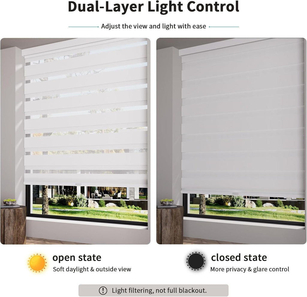 Cordless Zebra Blinds for Windows with Free-Stop(White,24" W x 72" H) Dual Layer Shades for Day & Night Privacy and