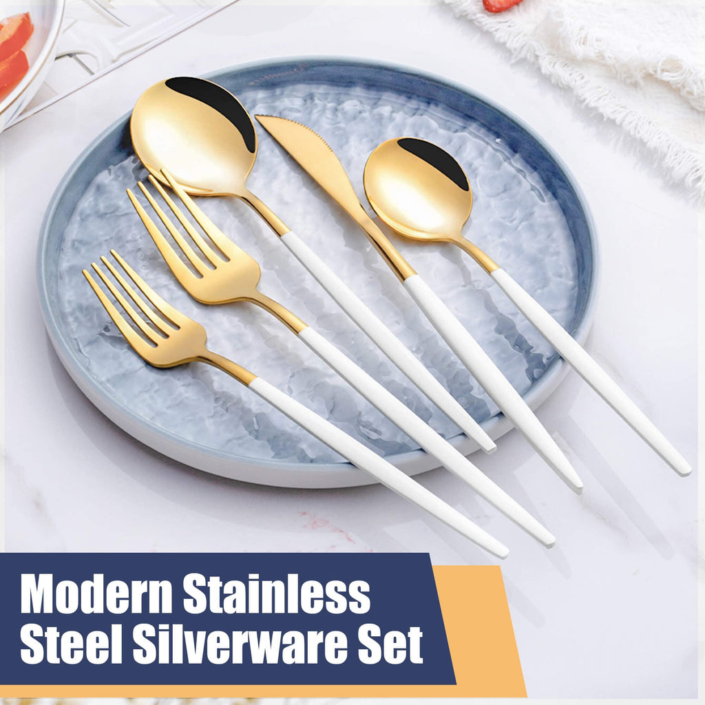 40 Piece White Gold Silverware Set,Stainless Steel Flatware Cutlery Set Service for 8 Including Forks Spoons