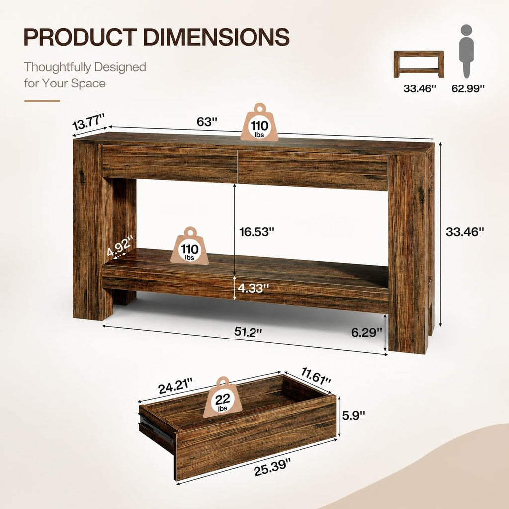 63 Inch Farmhouse Console Table with 2 Drawers and Open Shelf