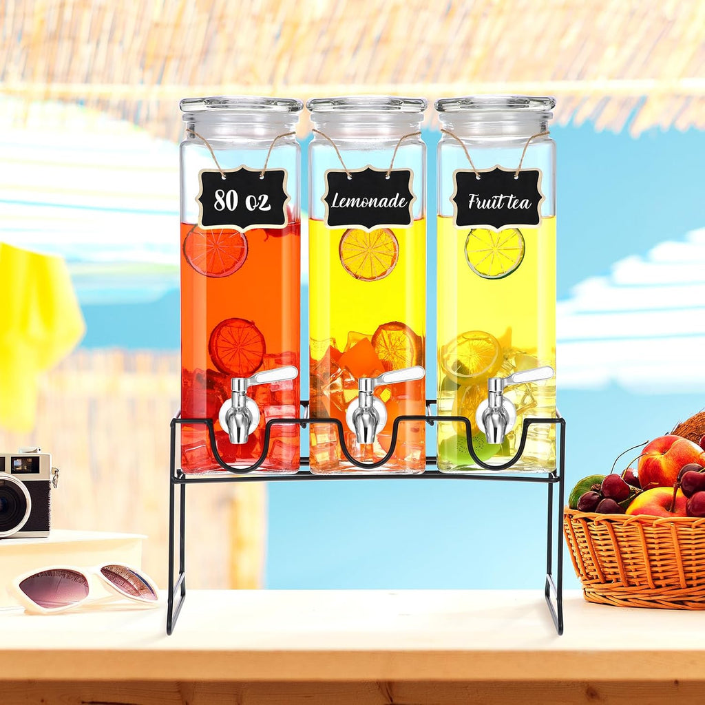 80 oz Tall Glass Drink Dispenser with Stand, Lid, Label and Stainless Steel Leakproof Spigot Beverage Water - Set of 3