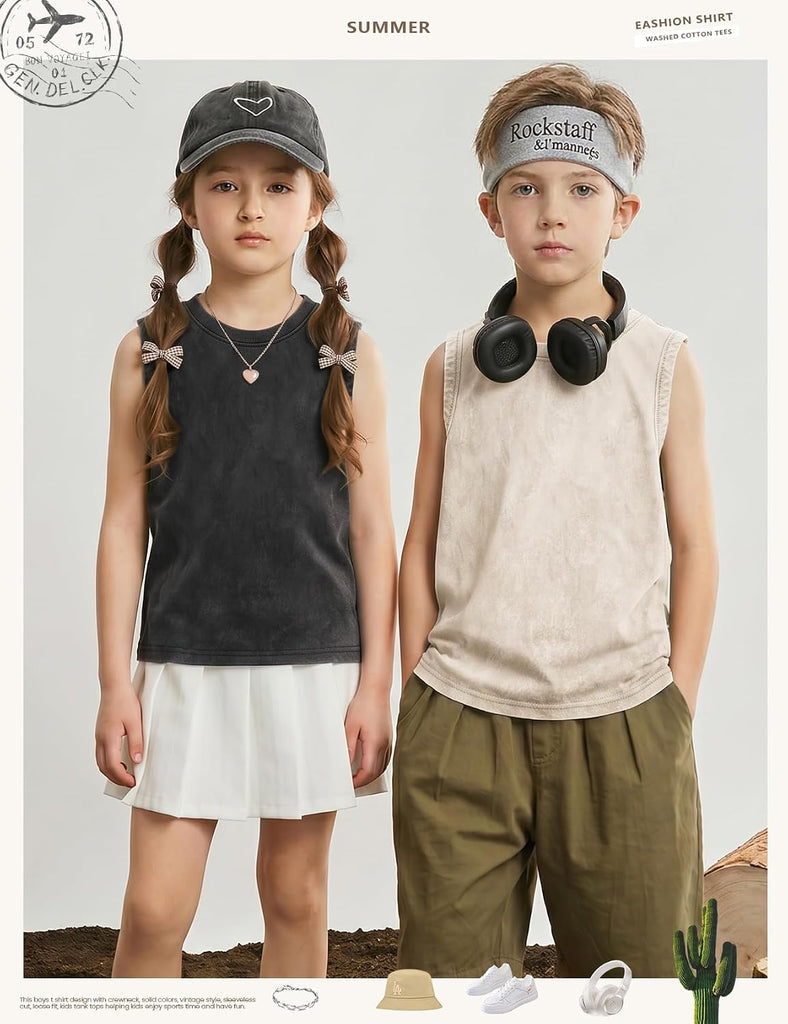Boys Tank Tops Sleeveless Undershirt T-Shirts Vintage Acid Wash Cotton Athletic Tees