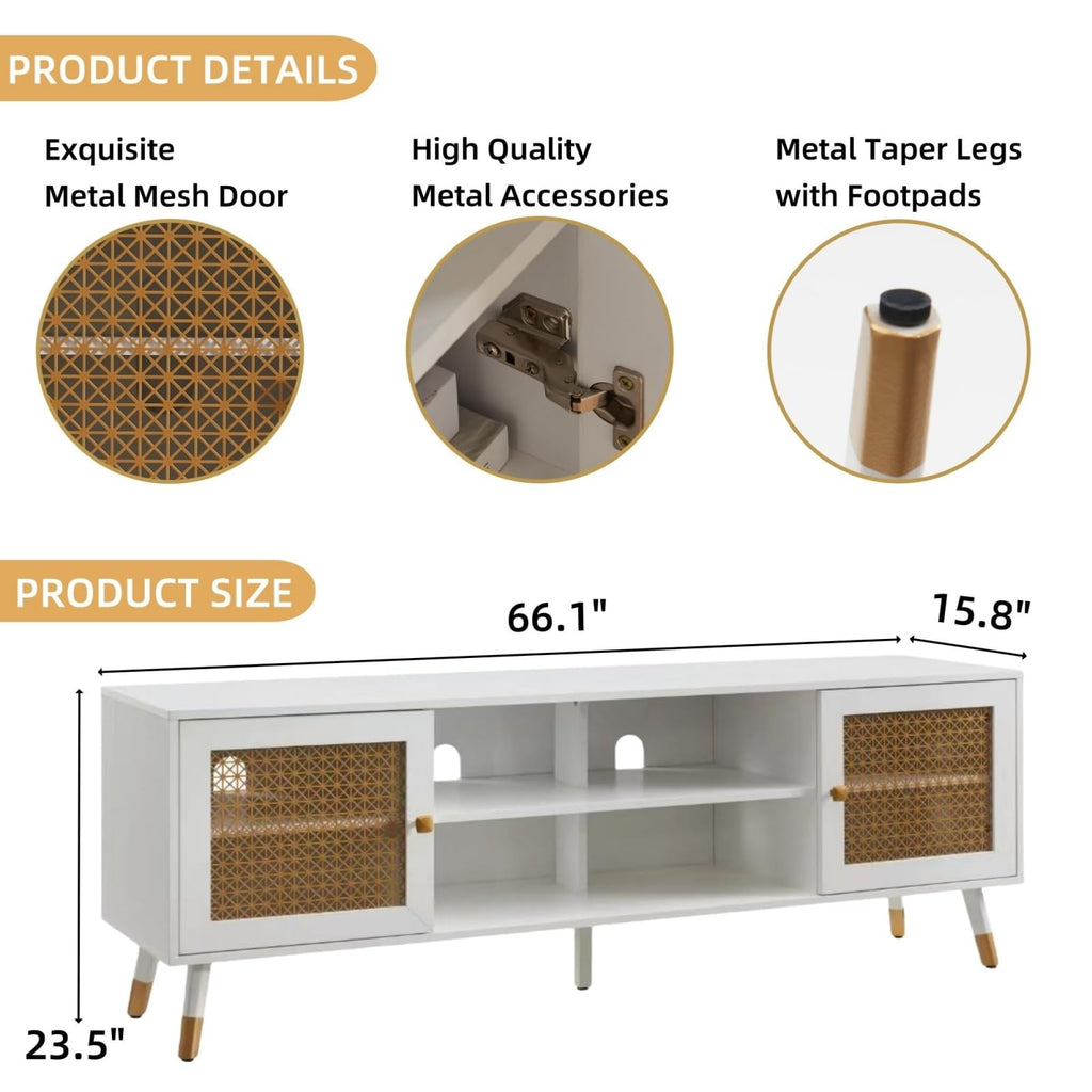 White TV Stand, 66" Modern Entertainment Center with Storage Cabinets, Fluted Boho TV & Media Console (White and