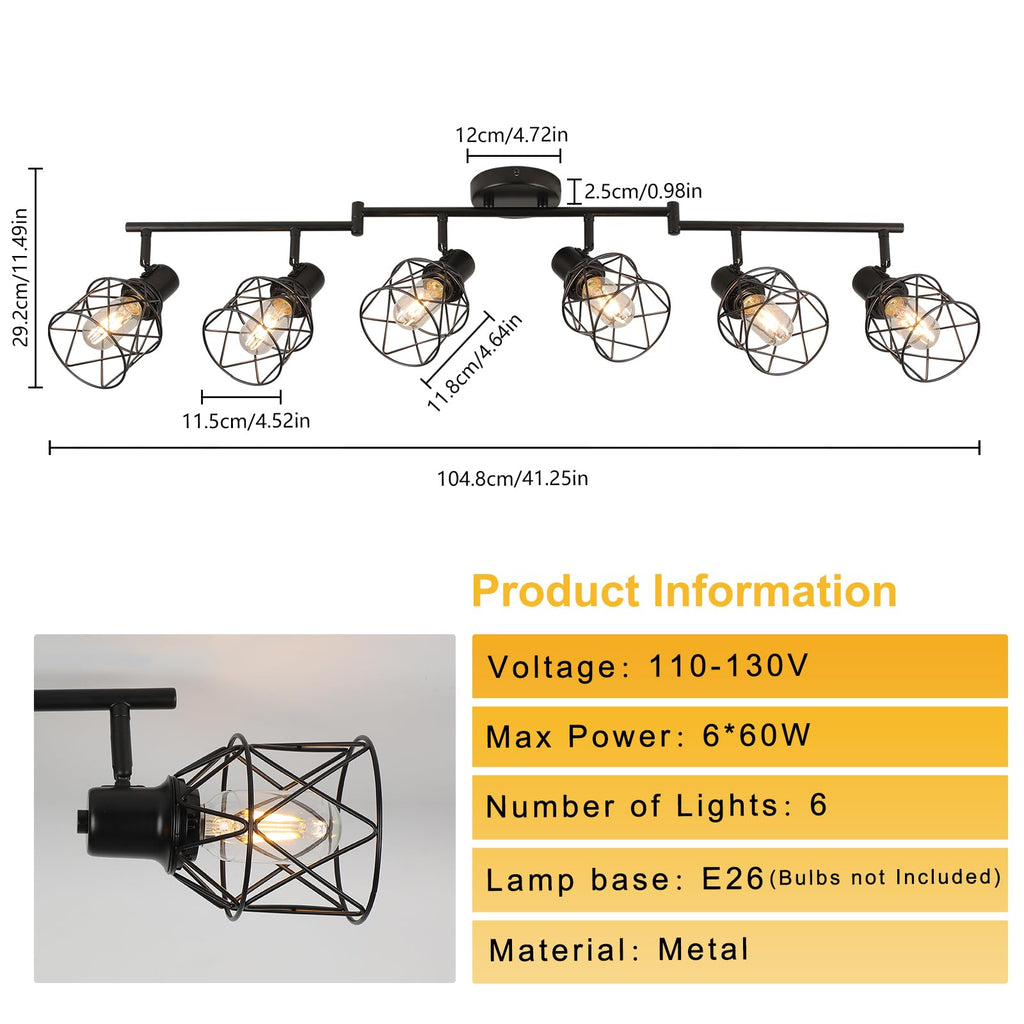 Track Lighting Kit 6 Way Ceiling Spotlight-Industrial Flush Mount Ceiling Light Black Kitchen Ceiling Light Fixtures