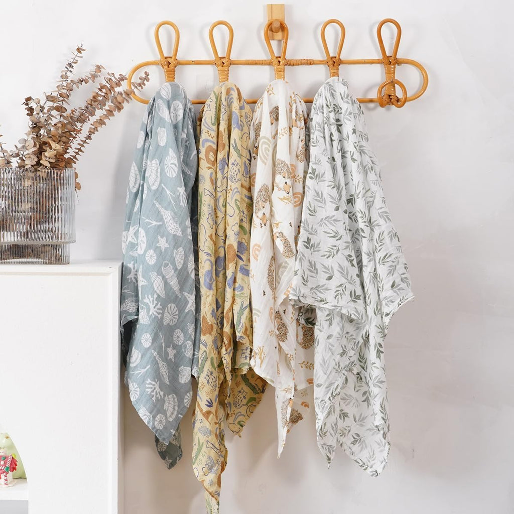 4 Set Muslin Swaddle Blankets Receiving Blanket for Baby | Boys, Girls Cute Soft Print Baby Towel Wrap