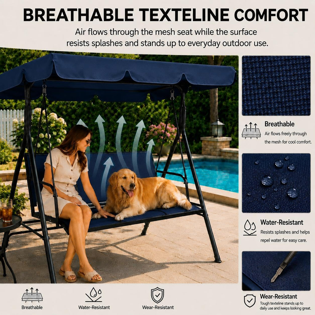 3-Seat Patio Swing Chair w/Texteline Fabric Ez Setup, Blue