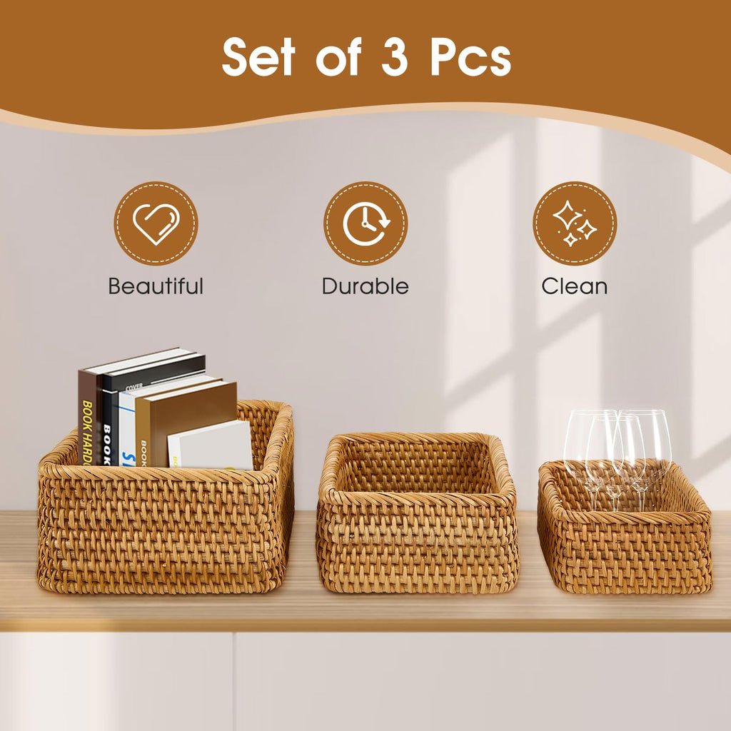 Natural Rectangular Rattan Storage Baskets (Set of 3), Hand Woven Food and Fruit Serving Baskets, Wicker Organizer