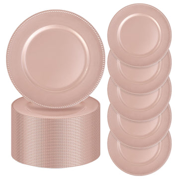 50 Pcs Rose Gold Charger Plates Bulk, 13'' Round Beaded Charger Plates