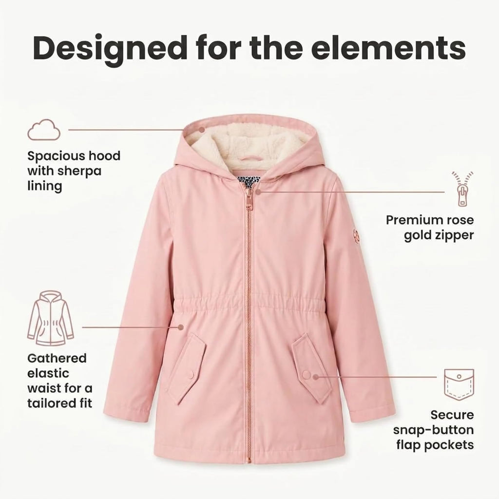 Girls Rain Jacket - Sherpa Lined Hood, Warm Waterproof Coat