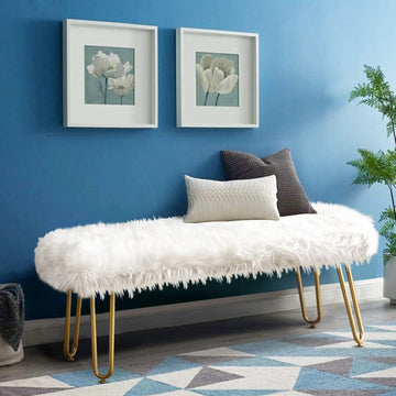 White Faux Fur Ottoman Bench Upholstered Furry Entryway Bedroom Bench with Gold Metal Legs, Modern Contemporary Long