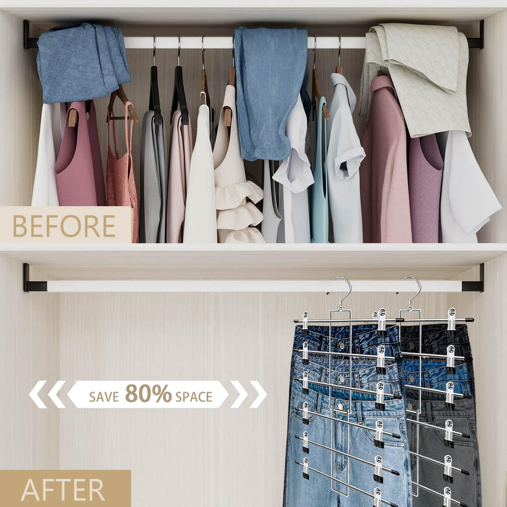 Pants Hangers with Clips, Space Saving Hanging Closet Organizer-6 Tiers Skirt Hangers with 360° Swivel Hook, Closet
