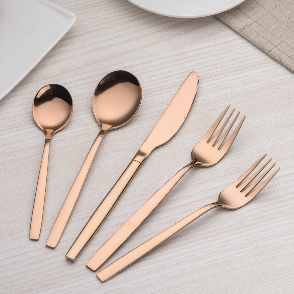 20 Piece Titanium Rose Gold Plated Stainless Steel Flatware Set, 20 Pieces Silverware Set, Copper Color Cutlery Sets