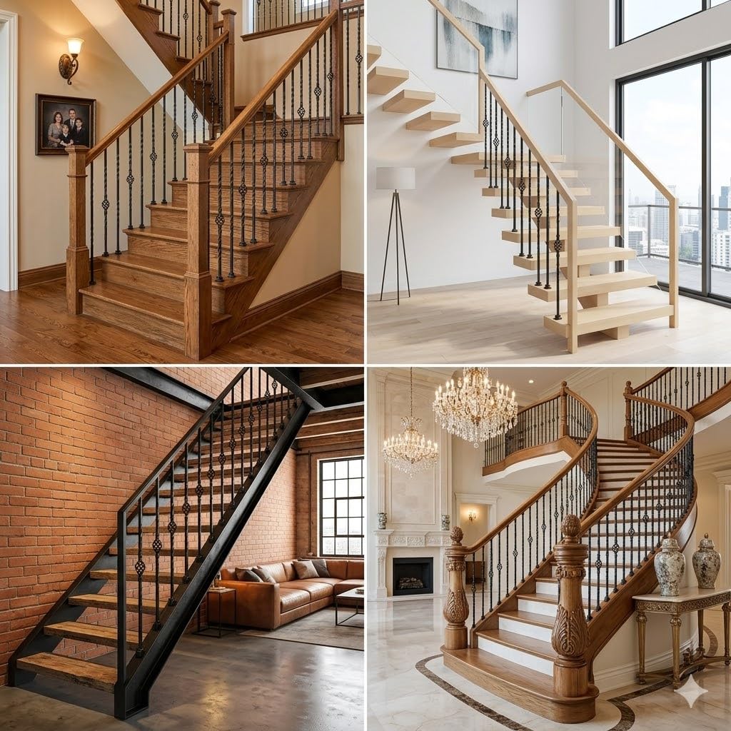 10-Pack Iron Balusters for Stairs, 1/2"x44" Hollow Double Twist and Single Basket Metal Stair Spindles, Satin Black