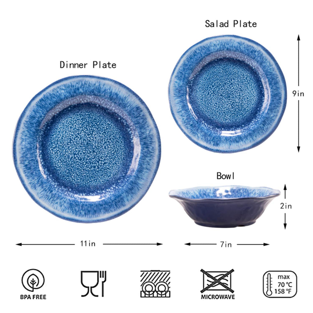12 Pcs Blue Melamine Dinnerware Set, Shatterproof and Dishwasher Safe, Ideal for Indoor and Outdoor Use