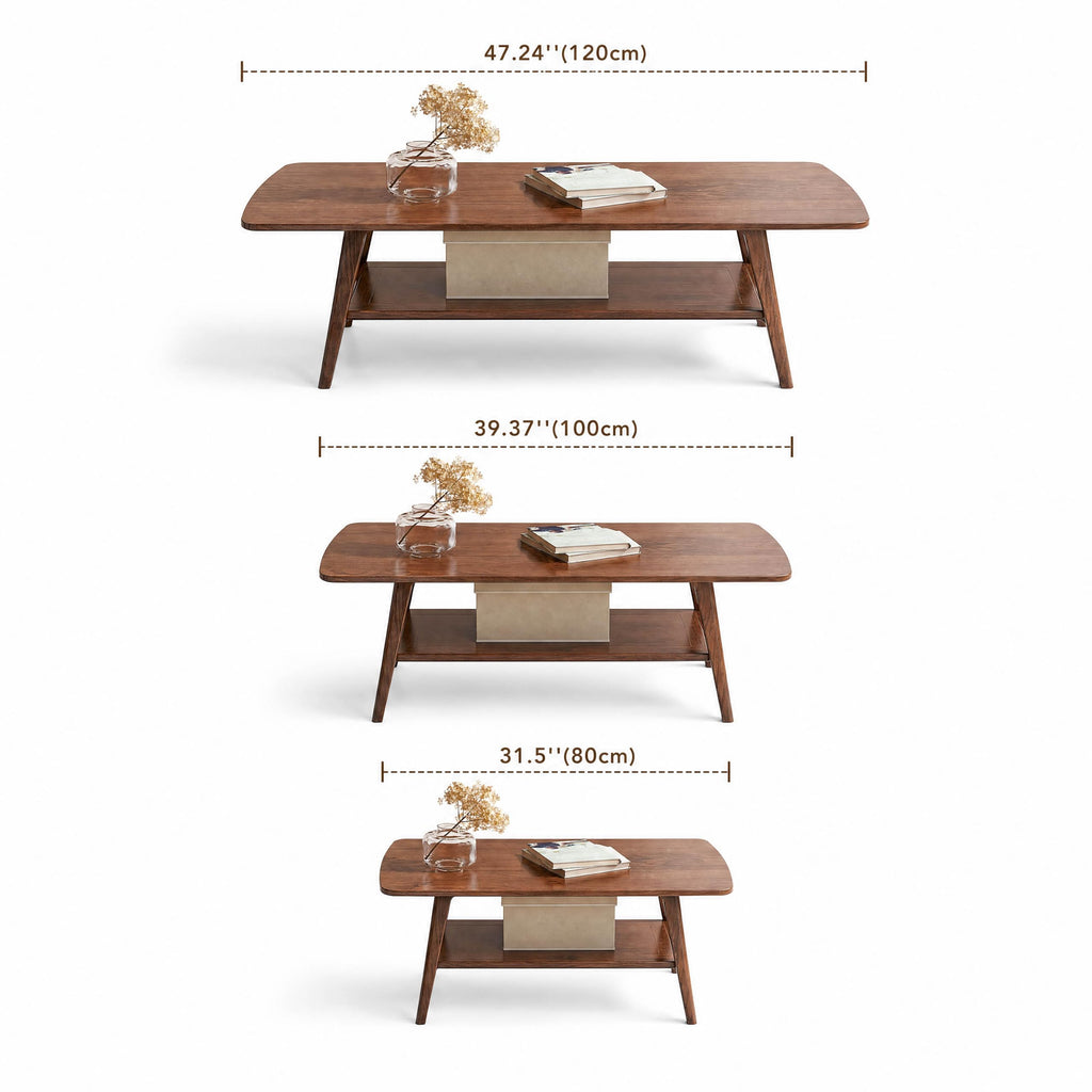 100% Solid Wood Coffee Table, Mid Century Modern Small Tables with Shelf Storage, Storage Coffee Table with Rounded