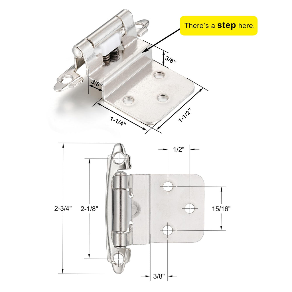 Brushed Nickel Kitchen Cabinet Hinges, 3/8" Inset, 10 Pack
