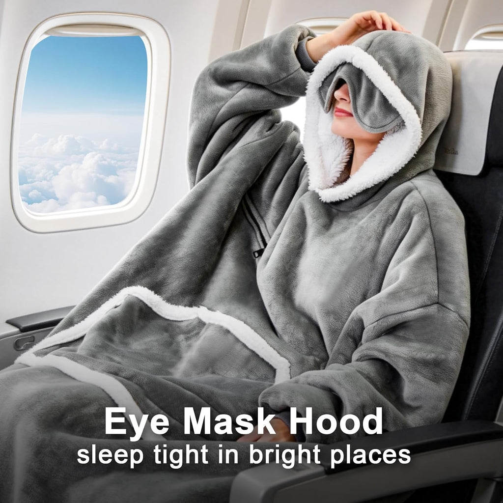 Oversized Sherpa Wearable Blanket Hoodie for Adult with Eye Mask,Grey | Soft Flannel Sweatshirt Hooded Blankets