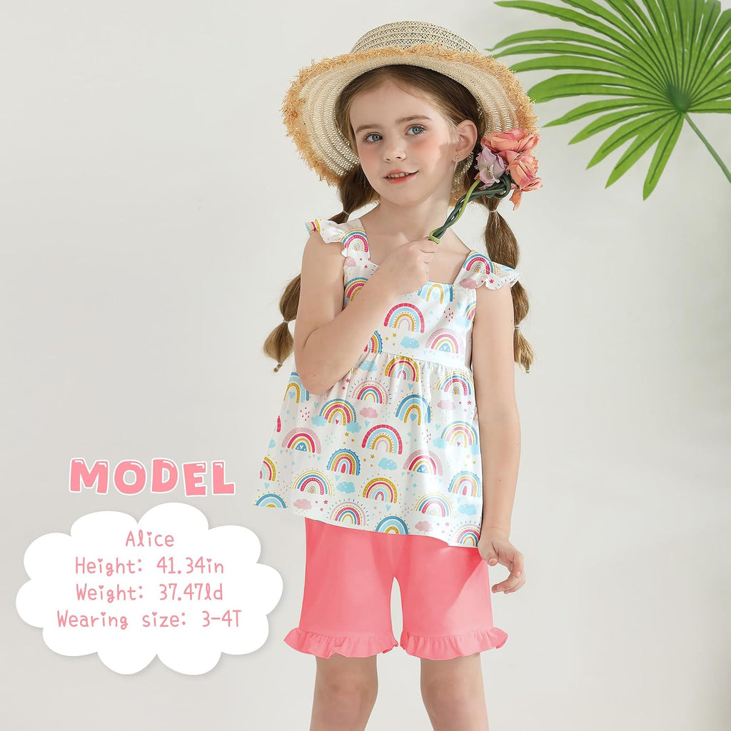 Toddler Girl Clothes, 2Pcs Baby Girl Summer Outfits Ruffle Sleeveless Shirts Floral Tops + Shorts Clothing Set