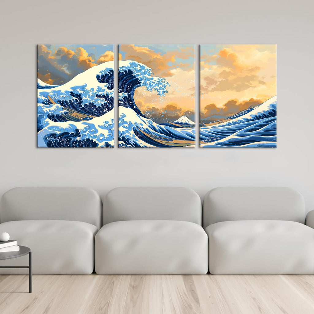 3Pc Great Wave Off Kanagawa Framed Canvas Wall Art, 12x16in