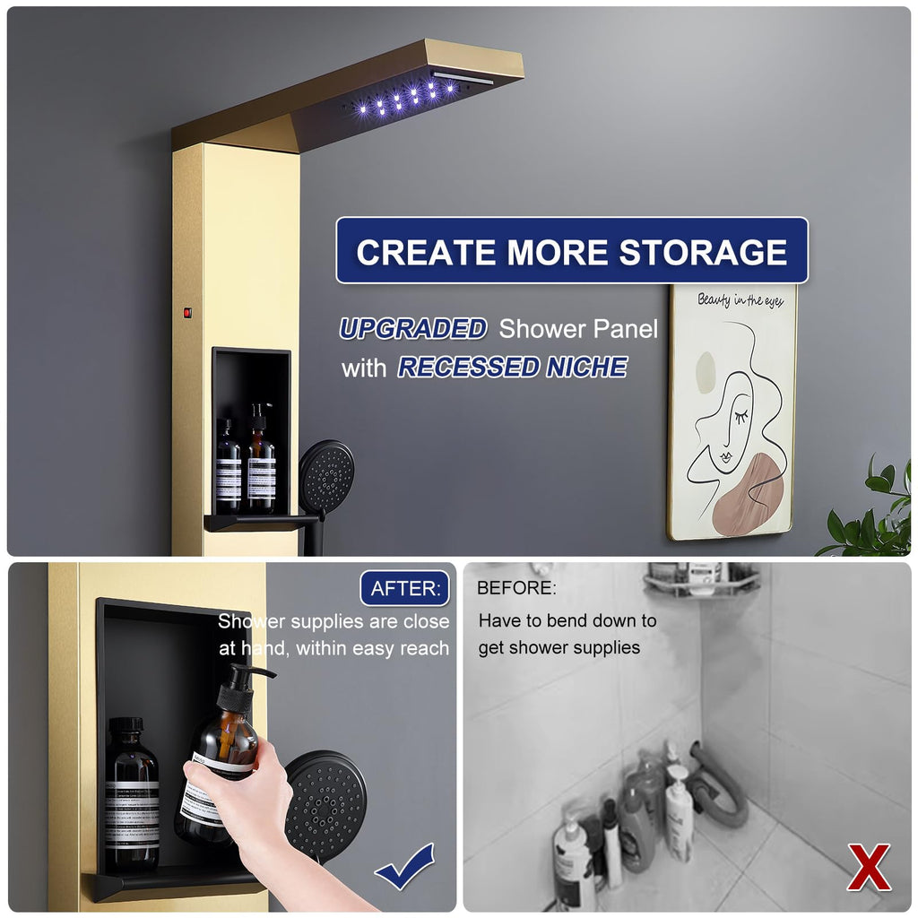 LED Shower Panel with Shelf and 6 Adjustable Body Jets, Gold