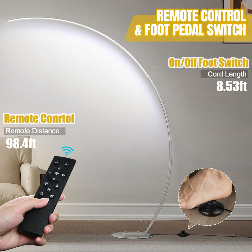 Dimmable LED Floor Lamp with 3 Color Temperatures, Ultra Bright Brushed Nickel Arc Floor Lamps, Modern Tall