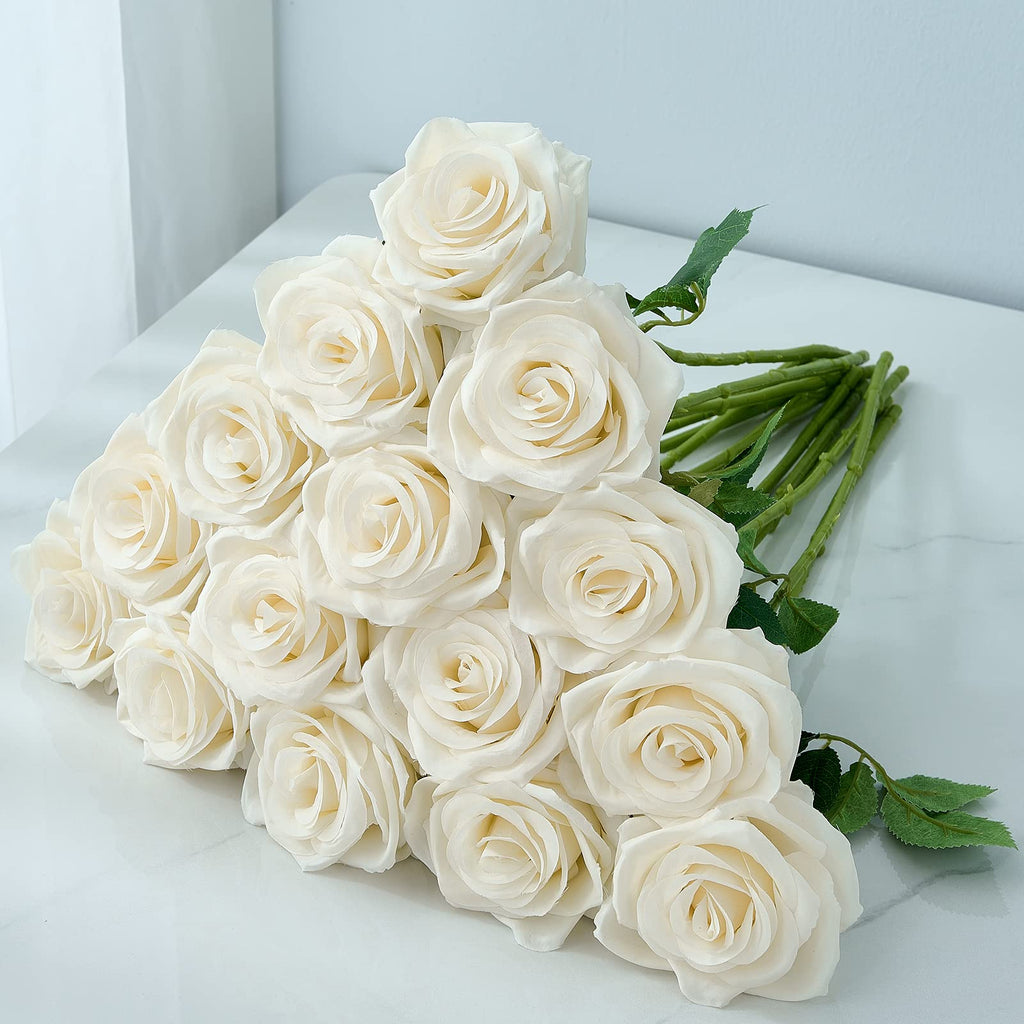 15pcs Ivory Roses Artificial Flowers Silk Fake Flowers Realistic White Roses Bouquet Long Stem for Wedding Home Party