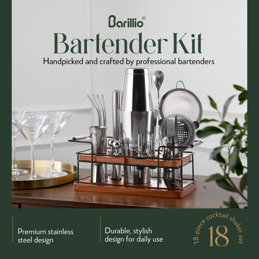 Bartender Kit - 23-Piece Stainless-Steel Cocktail Shaker Set with Premium African Mahogany Stand | Martini Barware
