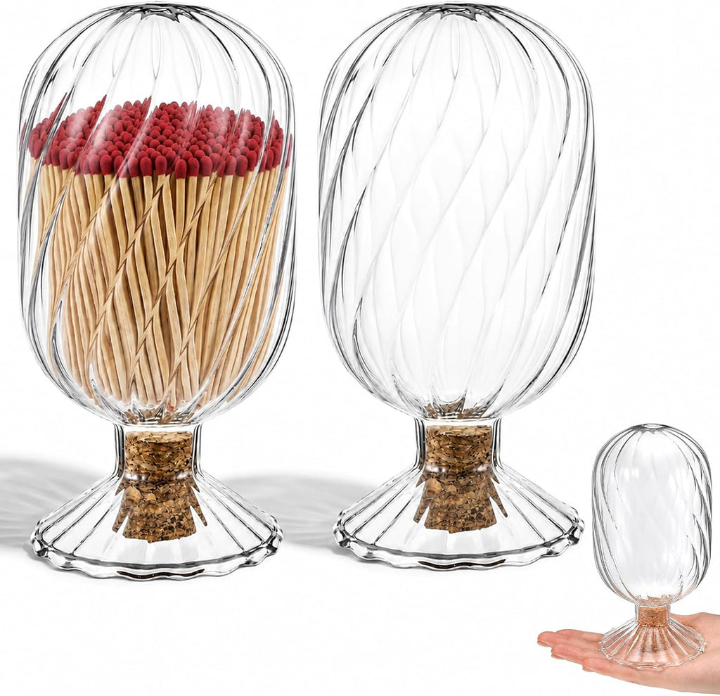Helix Shaped Glass Matches Cloche Decorative Matches Jar for 4 Inch Candle-Matches Trendy Fireplace Display - Set of 2