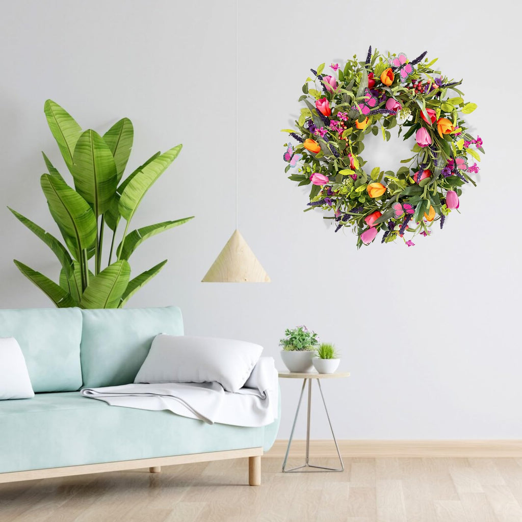 24" Wreaths for Front Door, Wreath with Tulip Wreath, Butterfly, Lavender and Eucalyptus, Vivid Artificial Floral for