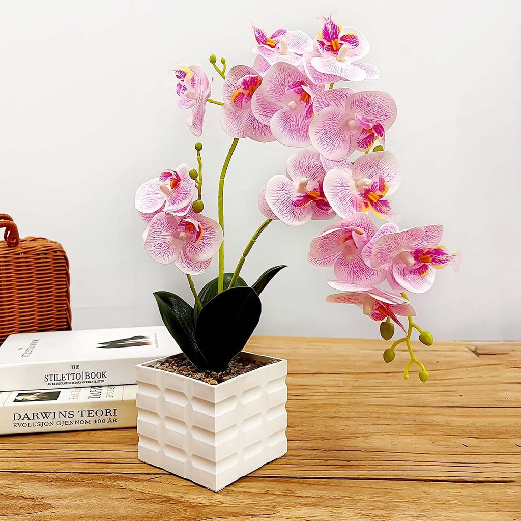 13-Heads Artificial Orchid Flower in Pot,50cm Silk Orchid Arrangement with Plastic Vase,Potted Pink Flowers,Silk