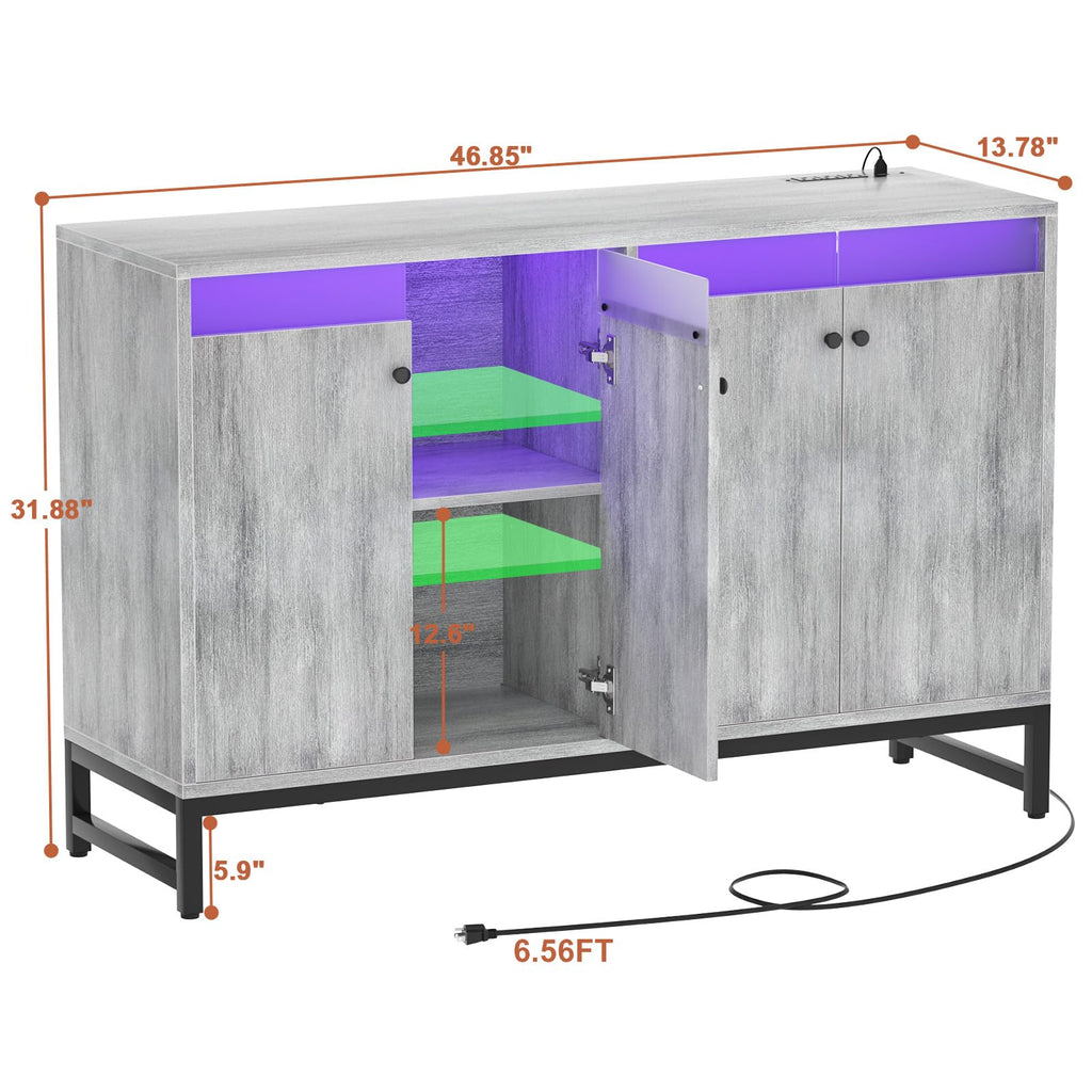 Sideboard Buffet Cabinet with Power Outlet, Doors, LED Light