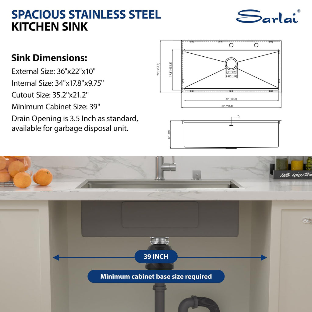 36 Inch Drop Sink - 36x22 Drop Kitchen Sink Ledge Workstation 16 Gauge Stainless Steel Sink Topmount Single Bowl Over