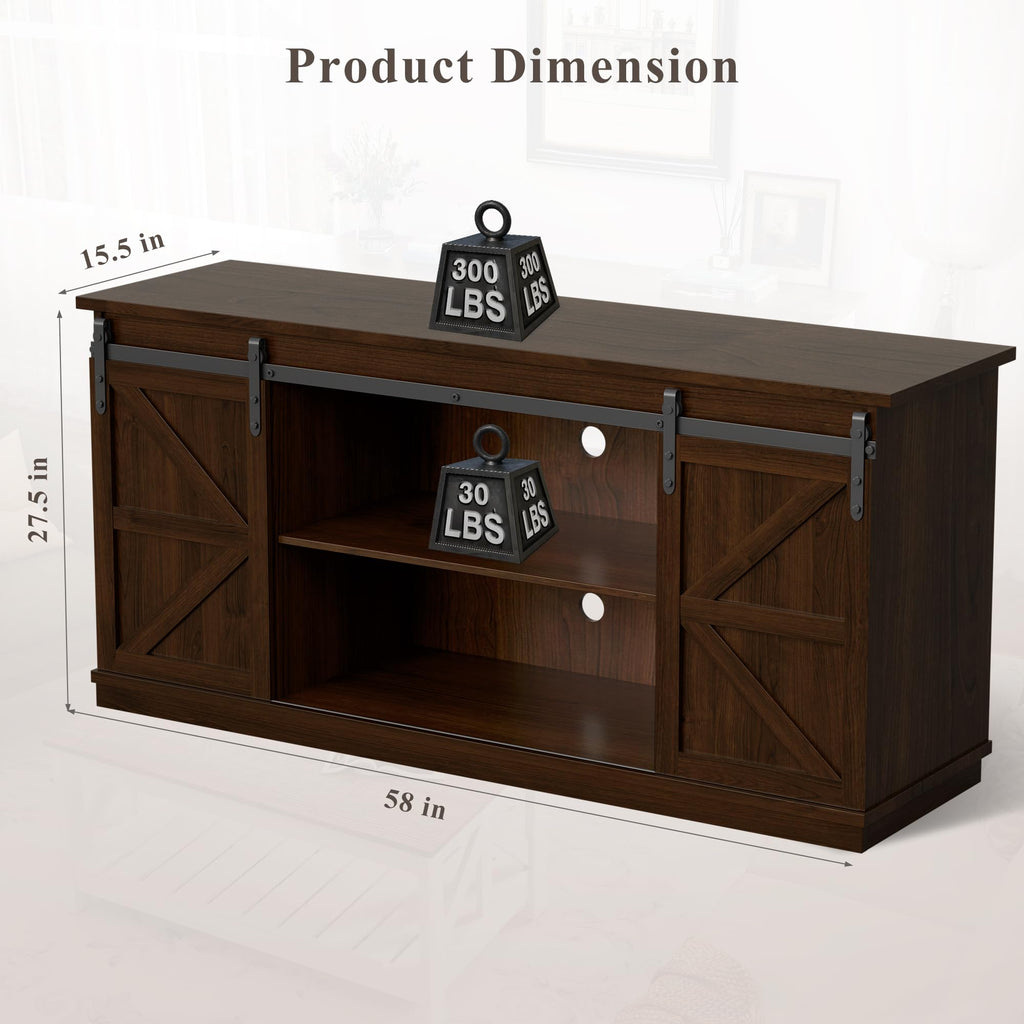 58" TV Stand for TVs up to 65", Sliding Barn Doors, Espresso | Farmhouse Entertainment Center, Storage Cabinets