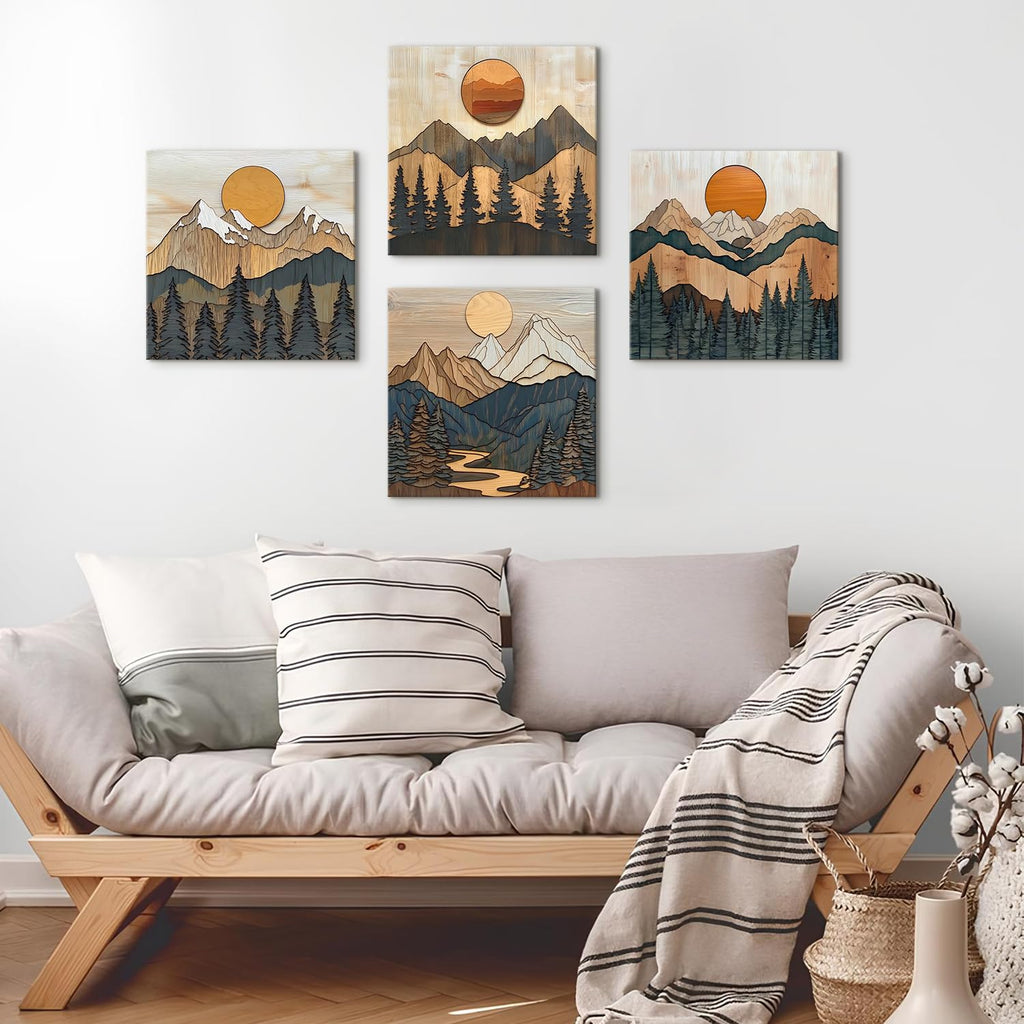 Boho Mountain Wall Art Mid Century Modern Decor Sunset Forest Landscape Canvas Prints Abstract Pine Trees Wall