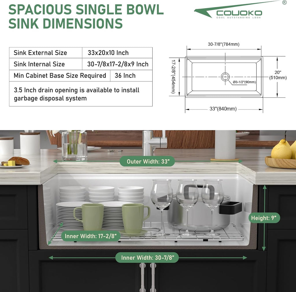 33" White Fireclay Farmhouse Sink Workstation | Reversible Apron Front, Single Bowl, Engineered with Sloped Bottom
