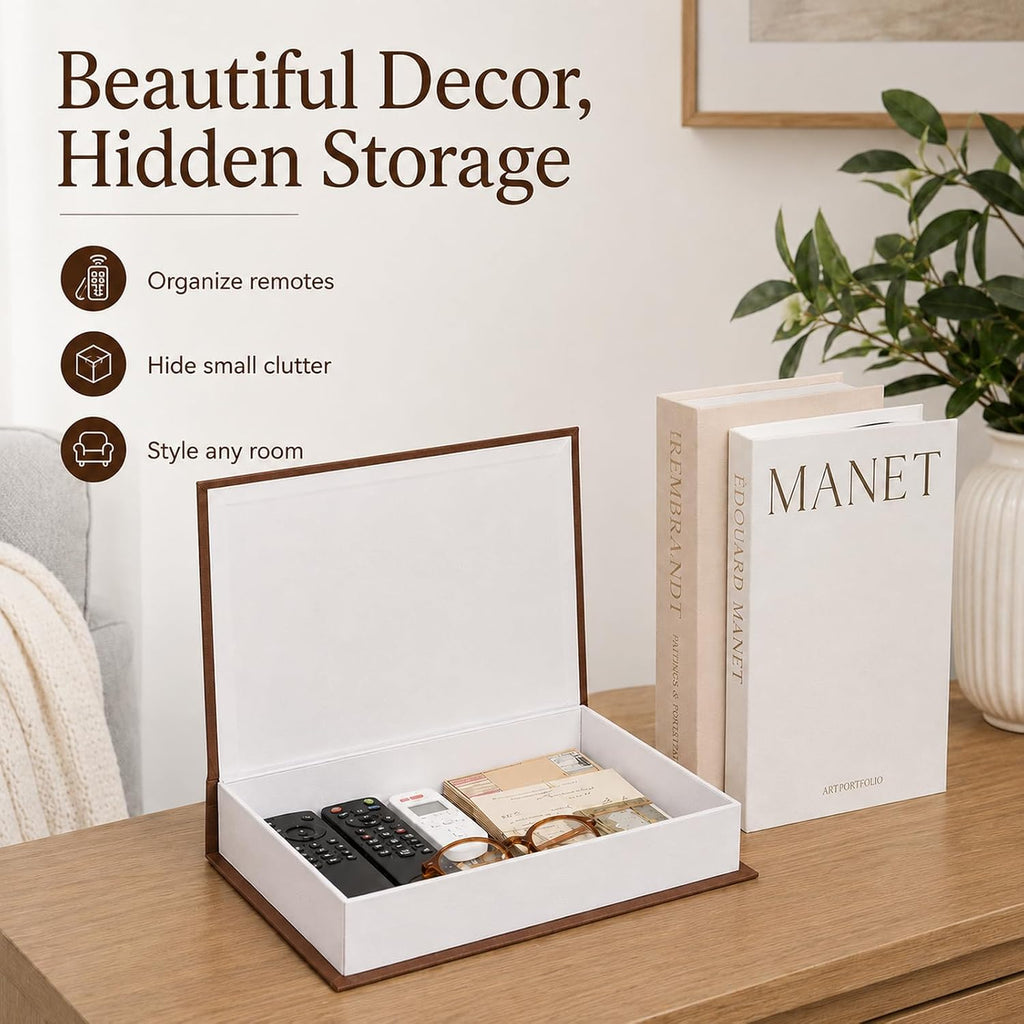Set of 3 Decorative Linen Faux Books With Magnetic Hidden Storage | Linen faux book boxes for coffee table decor