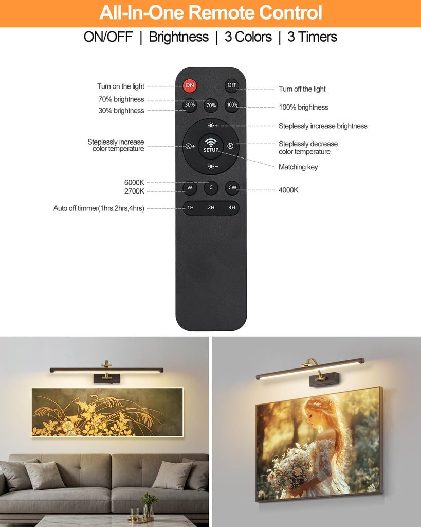 LED Picture Lights for Wall Rechargeable, Battery Operated Art Light for Paintings (Wood Grain, 23.6inch)