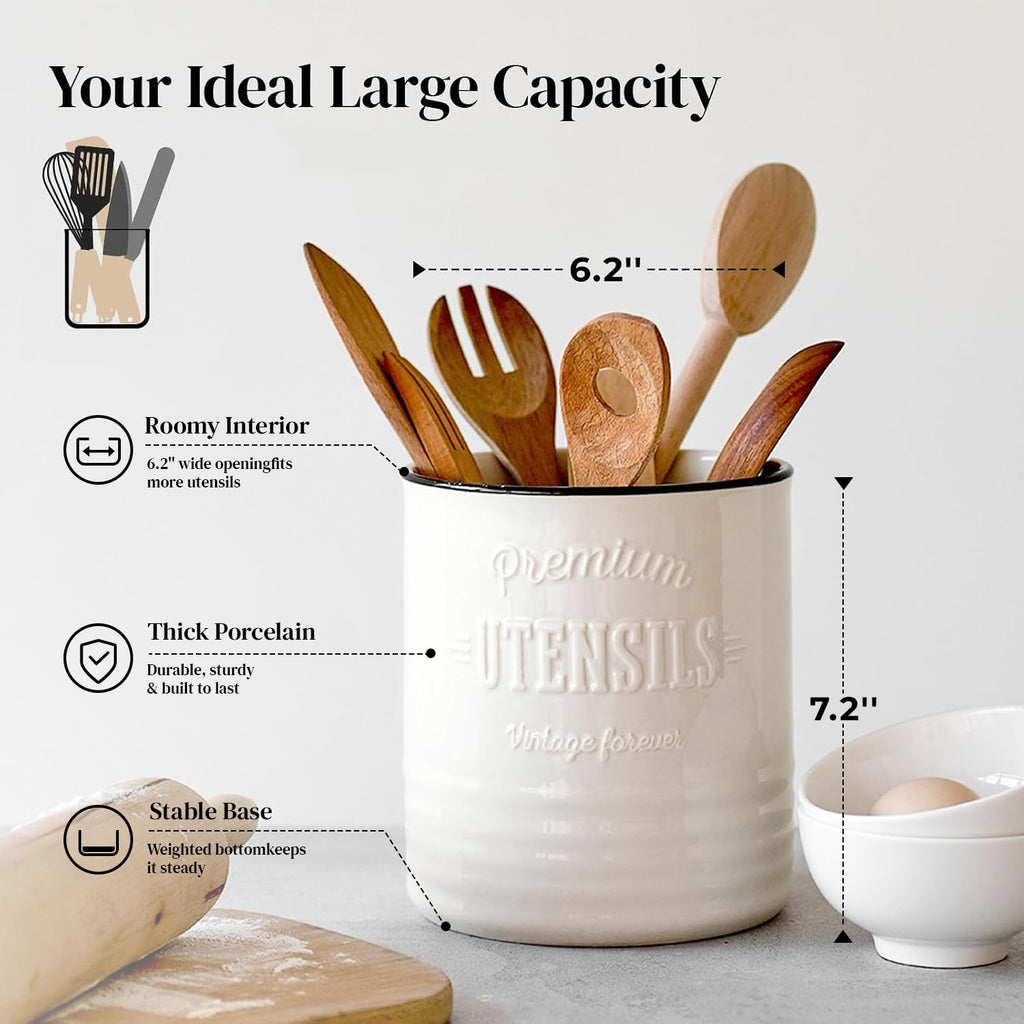 7.2" Large Ceramic Utensil Holder Counter, Beige