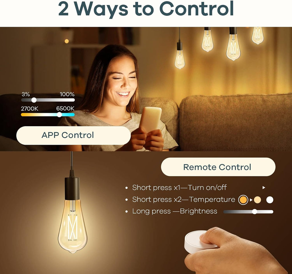 Smart Edison Light Bulb, ST19 (58) Vintage Bulb, 2 Pack with Remote