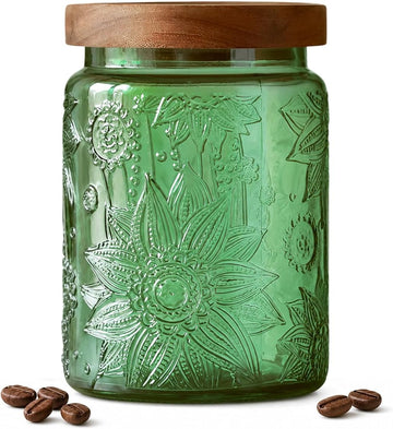 Vintage 23.7 oz Green Sunflower Embossed Glass Jar with Airtight Wooden Lid