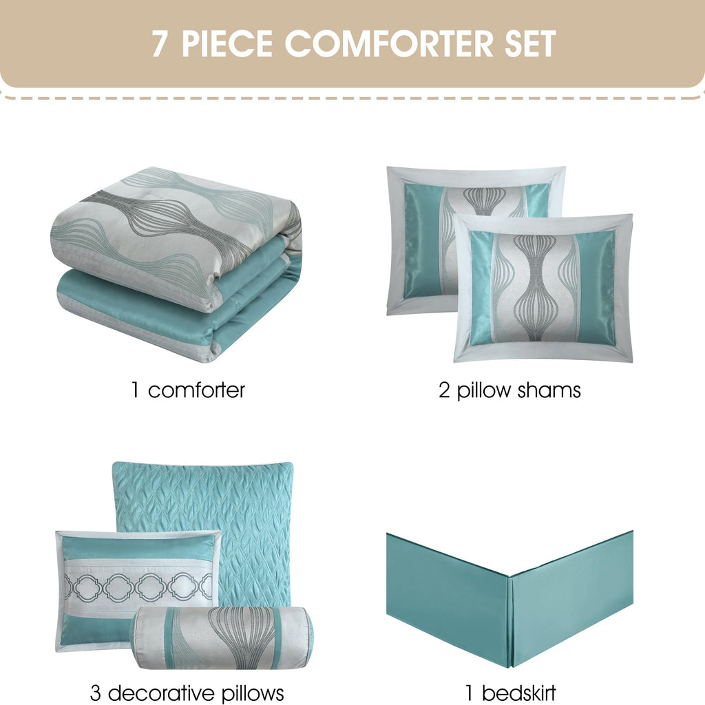 7 Piece Blue Comforter Set, King Size Jacquard Bedding Set, All Season Geometric Patchwork Bedding Set, Matching