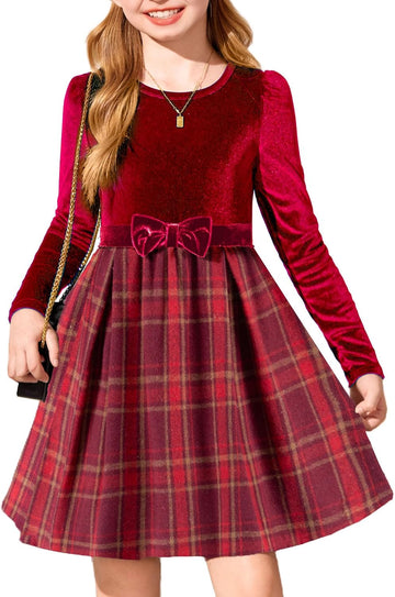 Girls Long Sleeve Velvet Plaid Patchwork Party Dress with Pockets