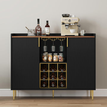48" Wine Bar Cabinet with Fluted Texture, Buffet Sideboard, Black | Modern Storage Cabinet with Wine Rack & Glass