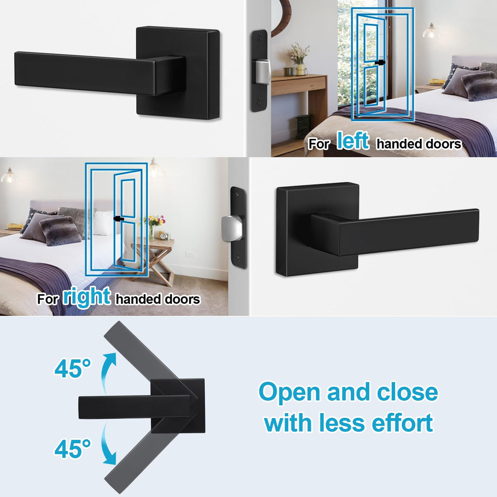 6 Pack Door Handles Matte Black - Passage Door Knobs Interior Square Door Levers, Heavy Duty Non-Locking Leversets