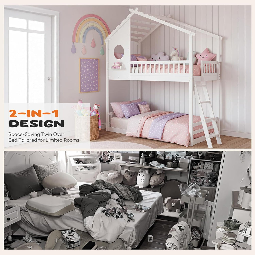 Wood Twin Over Twin House Bunk Bed, Loft Bed with Ladder, Safety Guardrail, Wooden Slats & Window