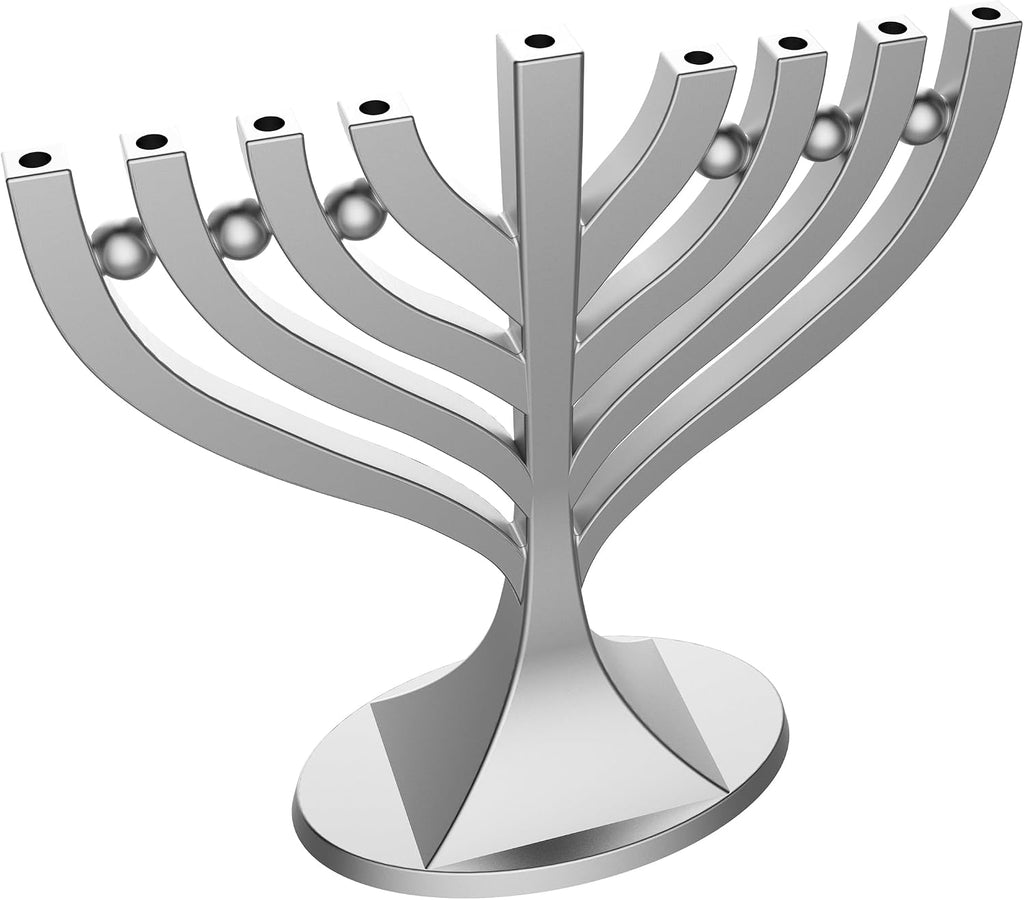 Zion Judaica Mini Classic with Mini Birthday Size Hanukkah Candles - Satin Silver Small Travel Minorah with 44 Blue